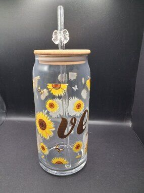 19 OZ Sunflower Daisy Glass Cup Bamboo Lid & Straw